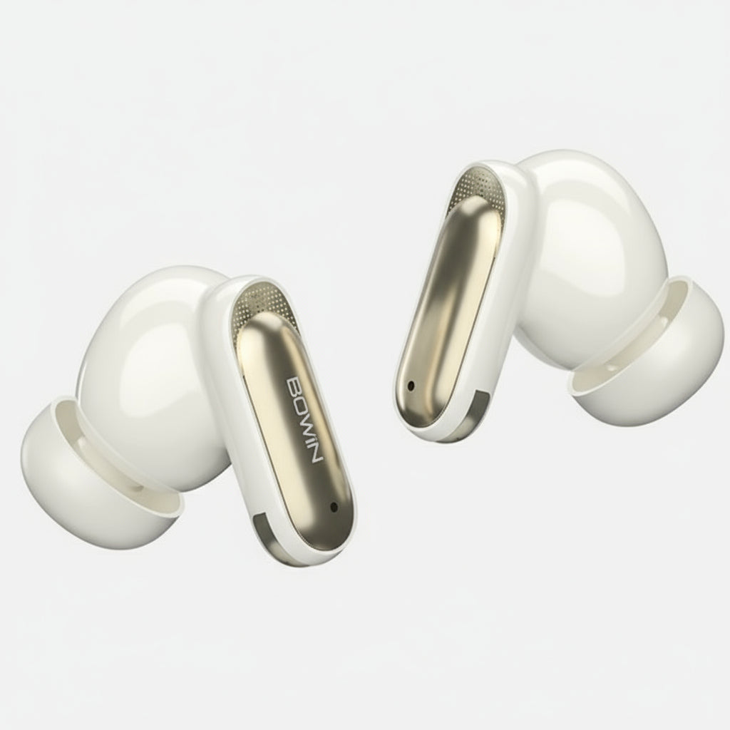 White and gold wireless earbuds with 'RONIN' branding on a white background