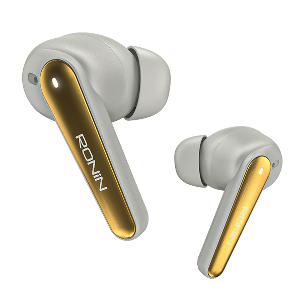 Pair of wireless earbuds with gold and gray design on a white background