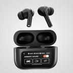 Black wireless earbuds with charging case on a white background