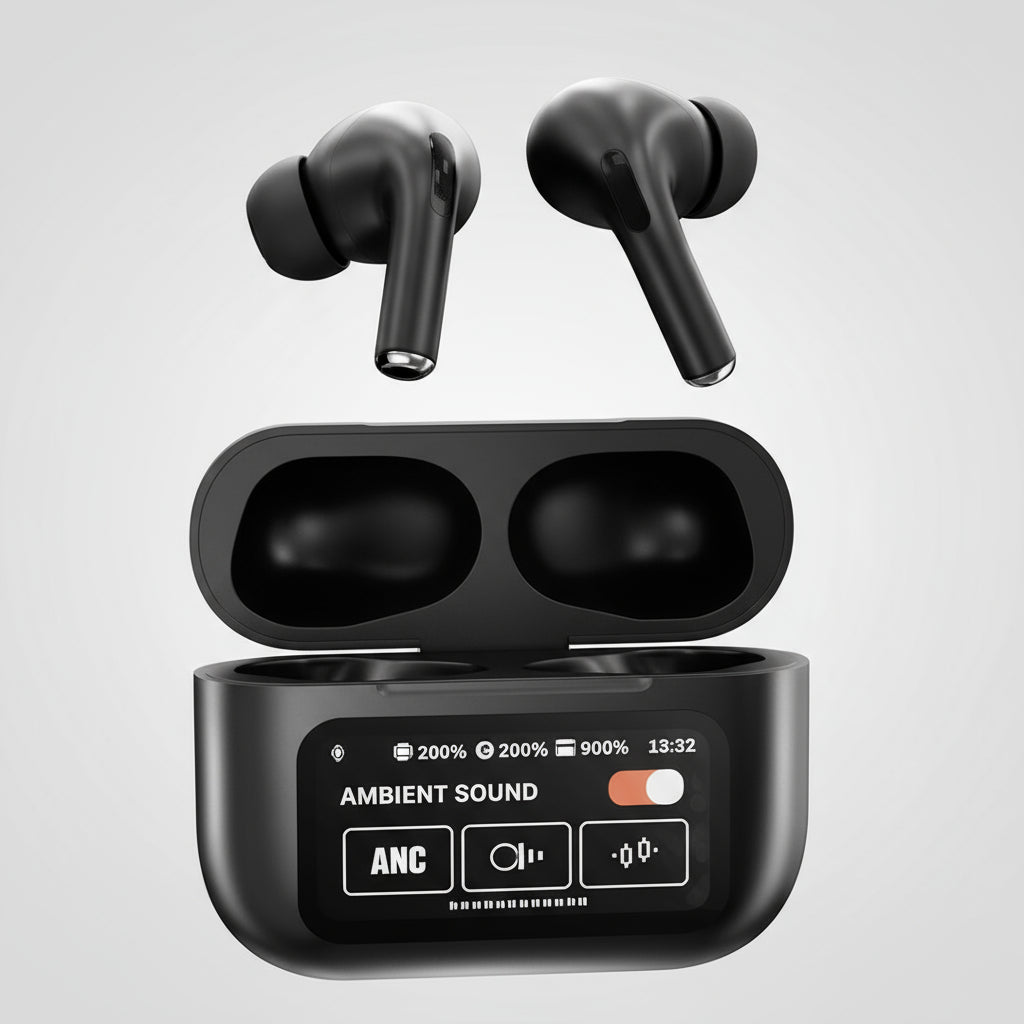 Black wireless earbuds with charging case on a white background