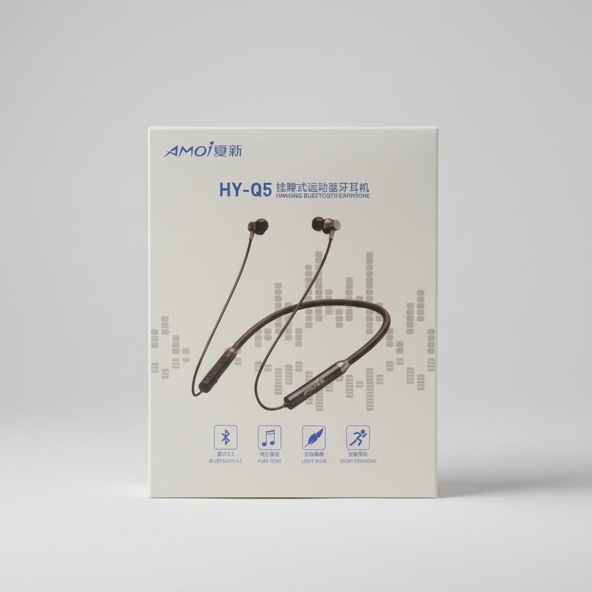 Amoi HY-Q5 wireless earphone packaging on a light gray background