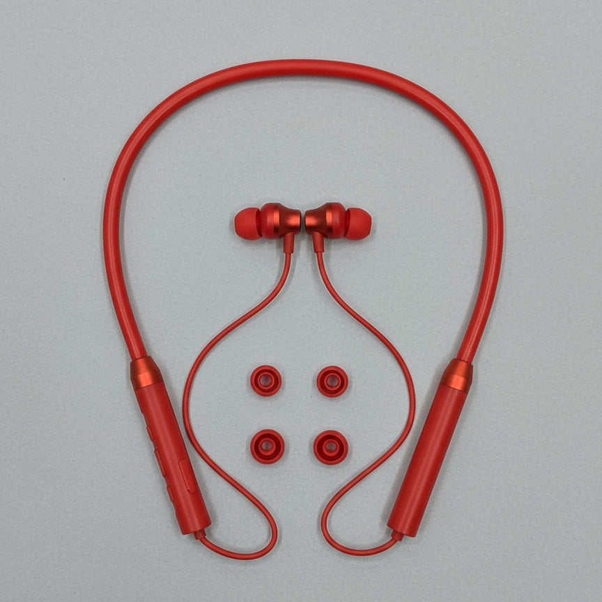 Amoi Hy q5 Red wireless earbuds with neckband on a gray background