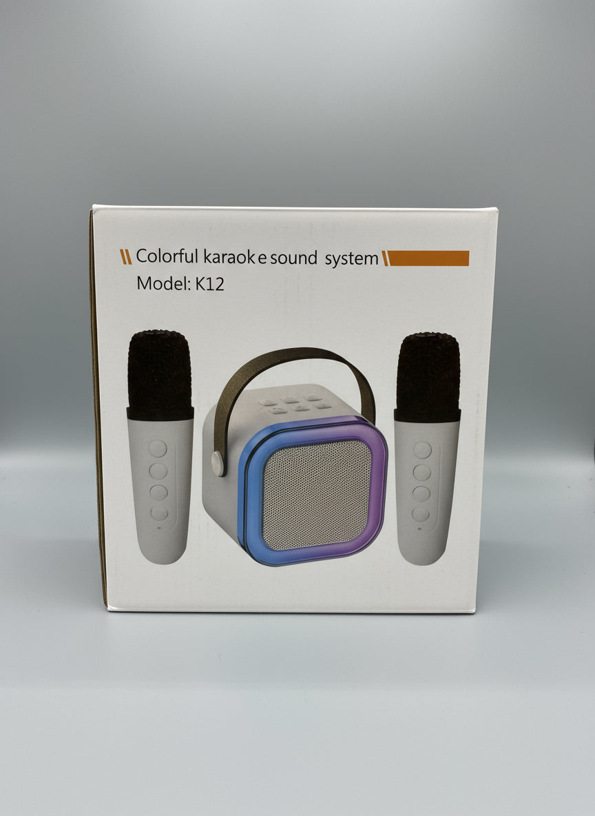 Colorful karaoke sound system K12 wireless speaker with microphones front box view