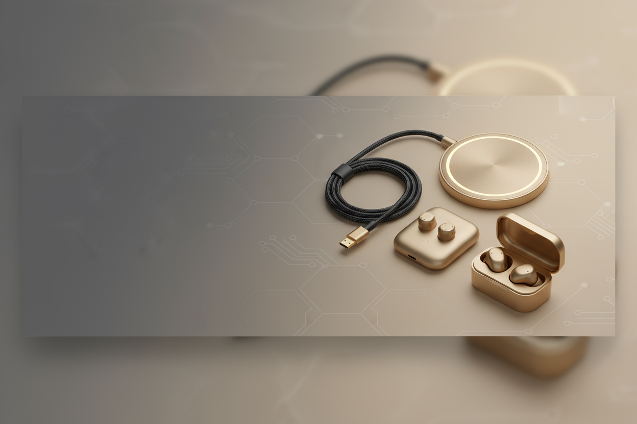 Create a Shopify homepage hero image for a mobile accessories store. 
Theme: Premium Soft color scheme with Slate Gray (#333333) and Beige Gold (#E0C097). 
Include a clean, elegant background with subtle tech-inspired accents. 
Show high-quality mobile accessories (chargers, cables, earphones) arranged aesthetically on the right side. 
Leave space on the left for future text overlay. 
Style: Modern, minimal, professional, optimized for Shopify Horizon theme.