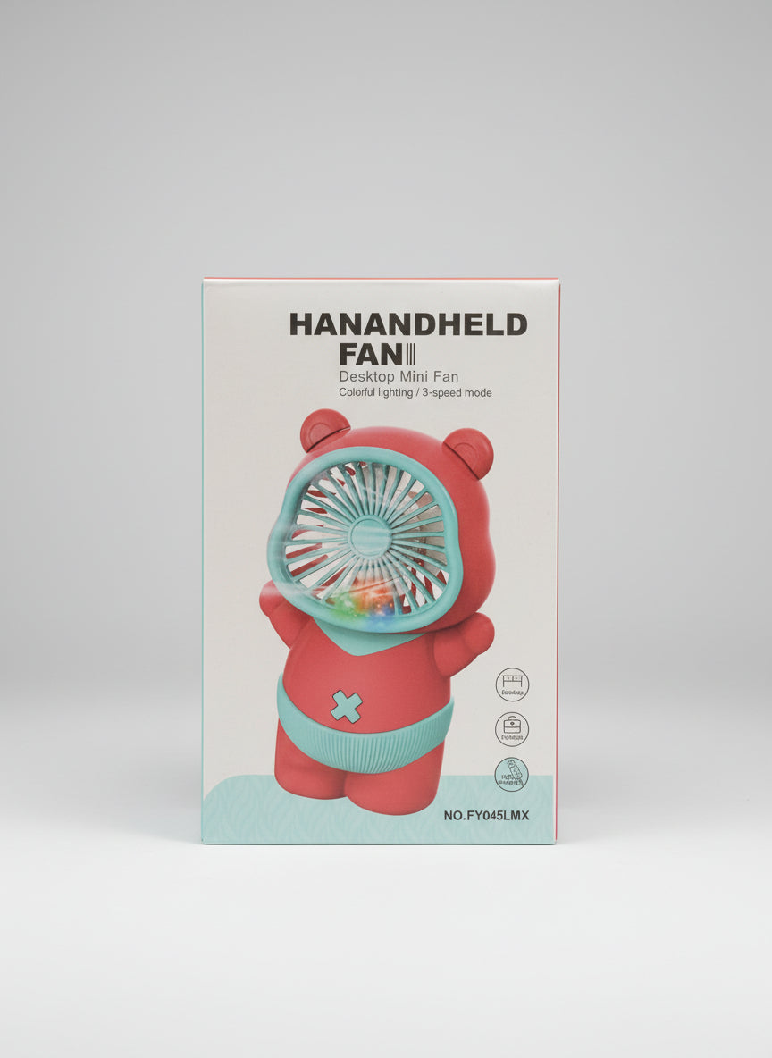 Product packaging of a red handheld fan with a bear design on a light gray background