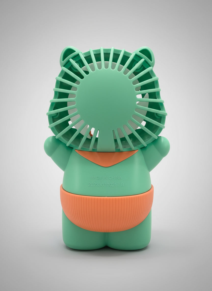 Green and orange fan with a bear design on a light gray background