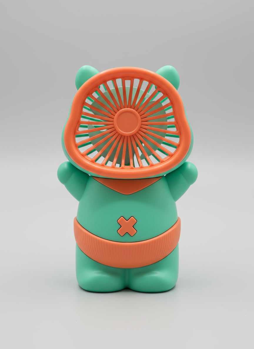  Green handheld fan with a bear design on a light gray background