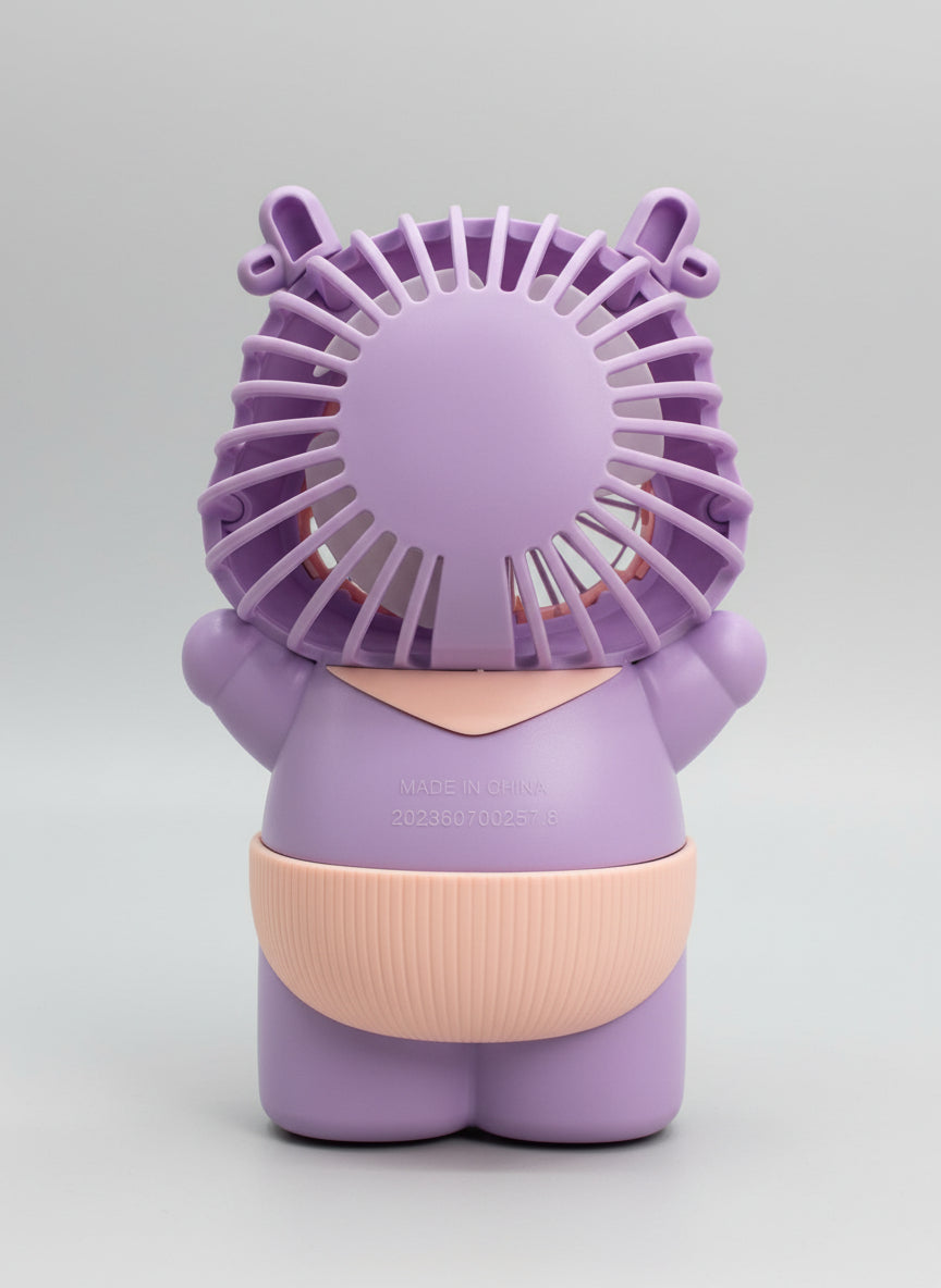 Purple handheld fan with a bear design on a light gray background