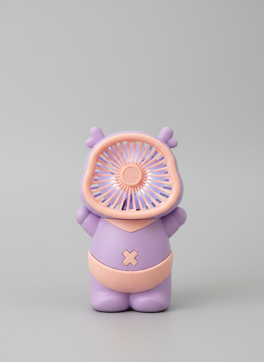 Purple and pink handheld fan with a bear design on a light gray background