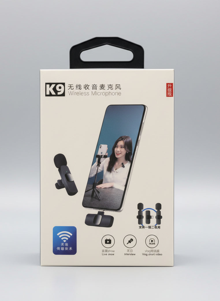 K9 wireless microphone packaging with smartphone and microphone illustration on a gray background