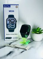 Smart watch with packaging, band, and wireless charger on a marble surface