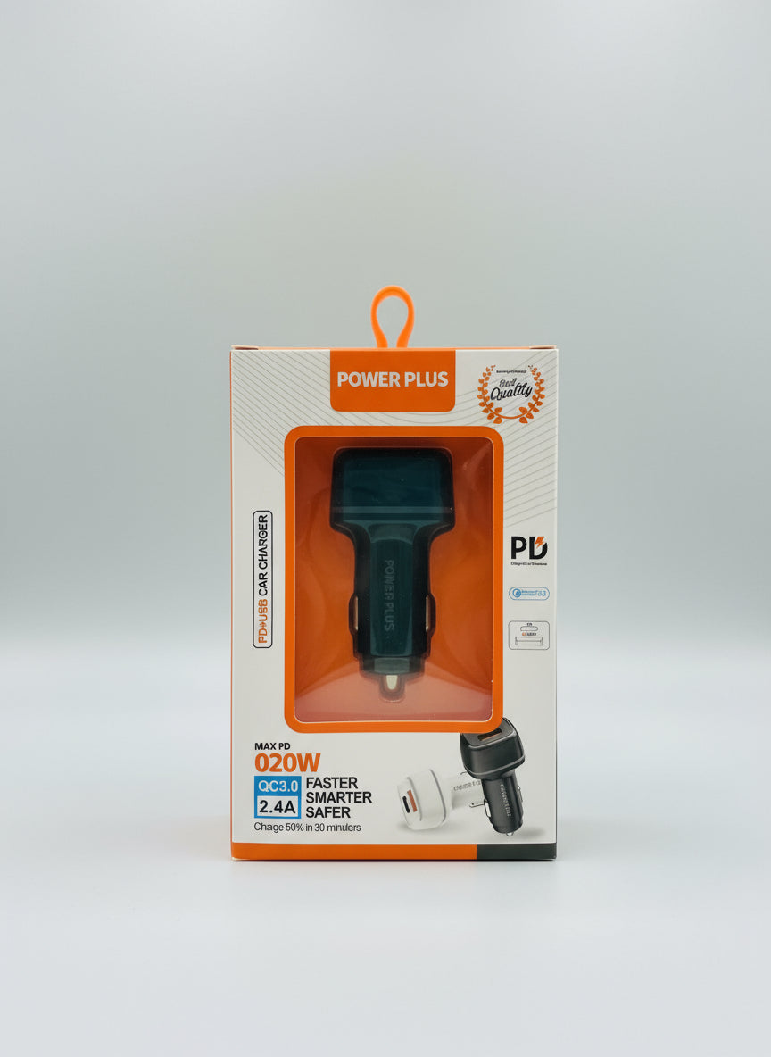 Power Plus PDU38 dual USB car charger 2.4A with Smart IC Q240 in black front box view