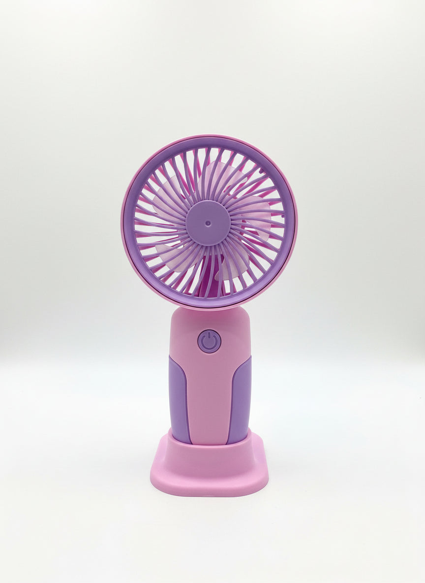 Purple handheld fan on a white background