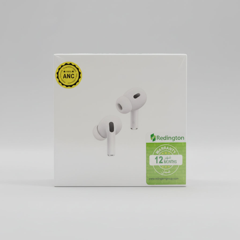 Airpods pro 2 White wireless earbuds with packaging featuring Redington branding on a light gray background