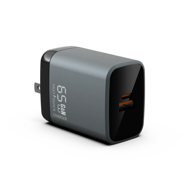 Gray fast charger with '6.5 GAN' text on a white background