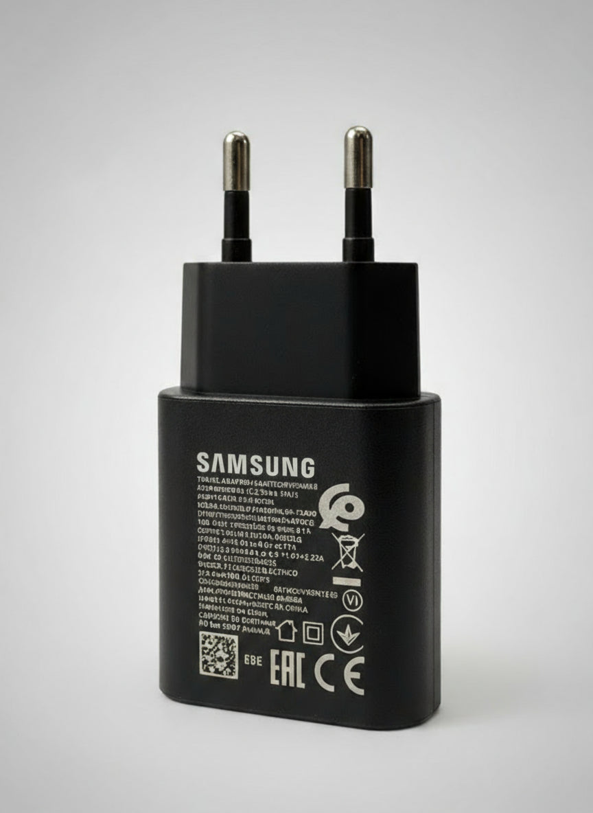 Samsung 25W USB-C super fast charger in black back view