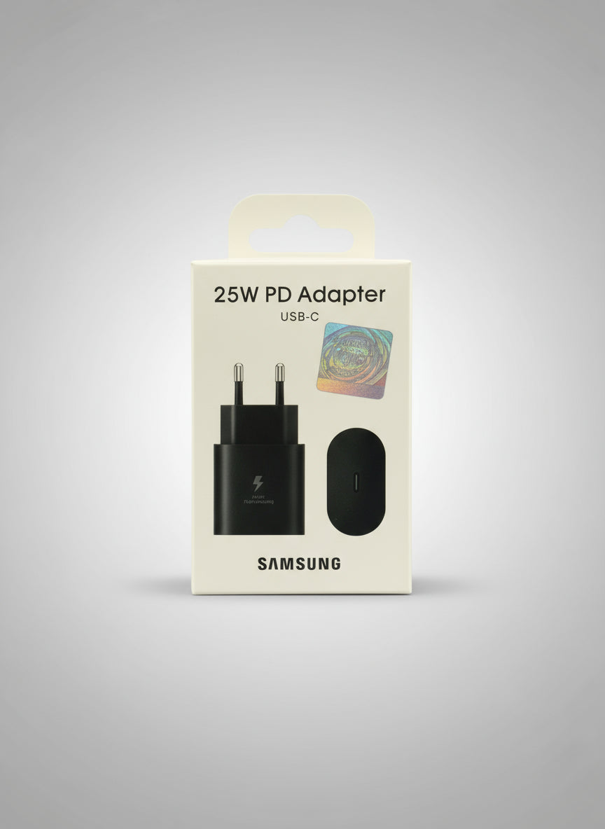 Samsung 25W USB-C super fast charger in black box front view
