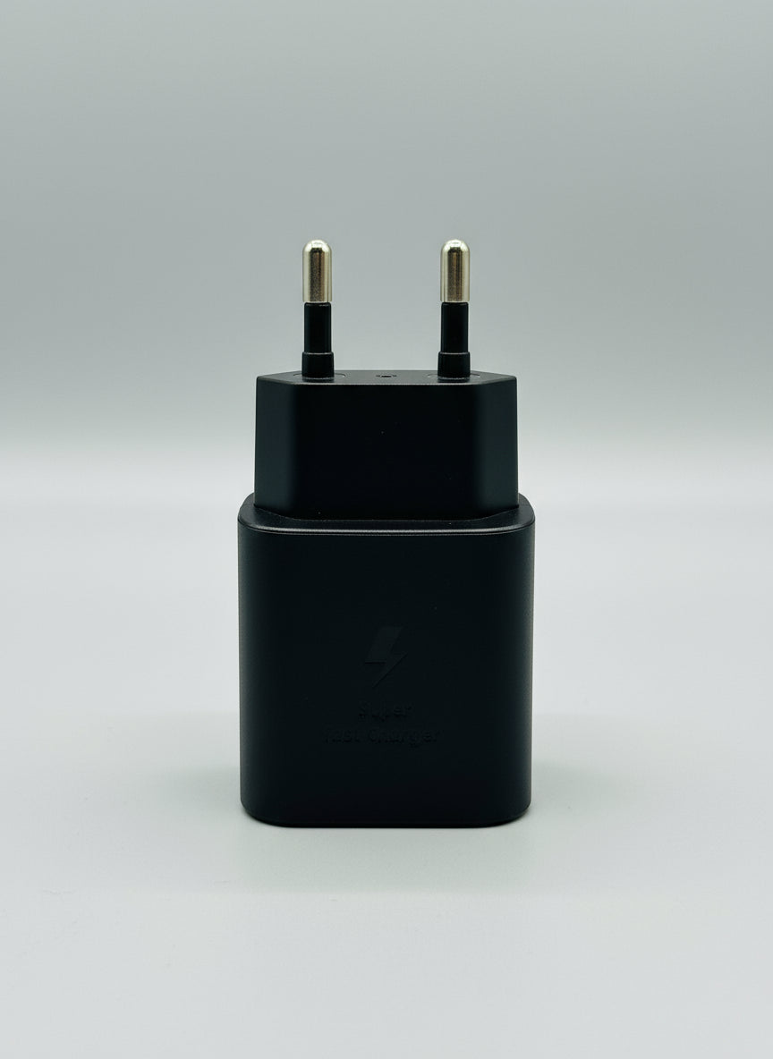 Samsung 25W USB-C super fast charger in black front view