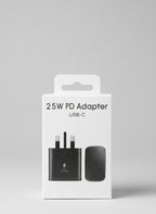 Samsung 25W USB-C fast charger UK plug in black box front view