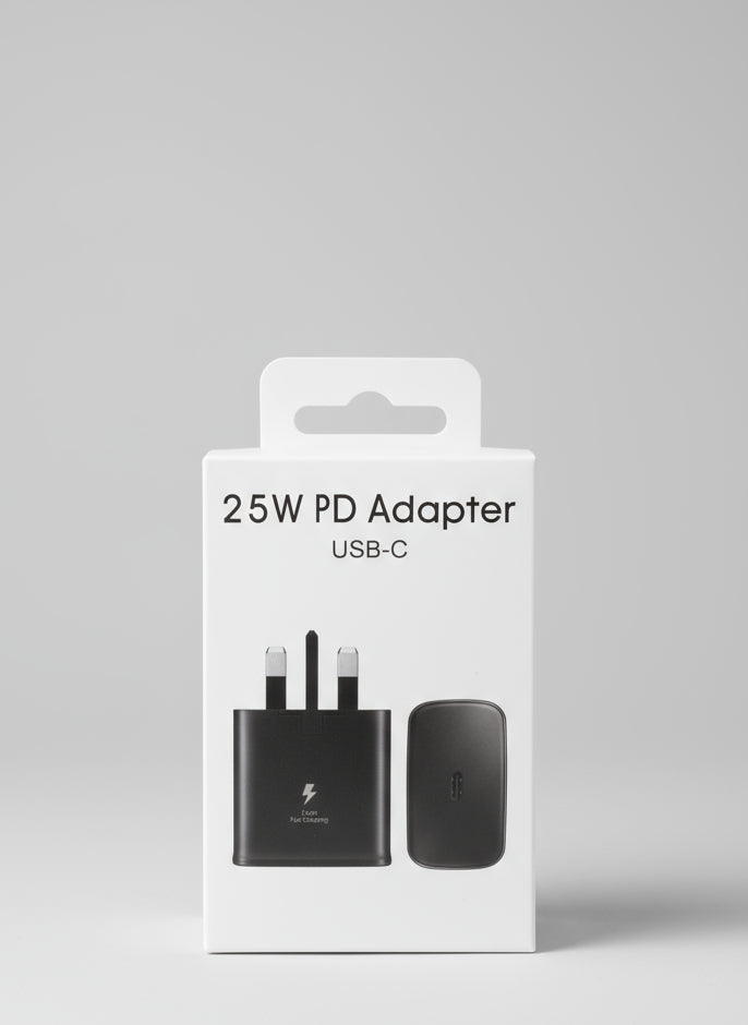 Samsung 25W USB-C fast charger UK plug in black box front view
