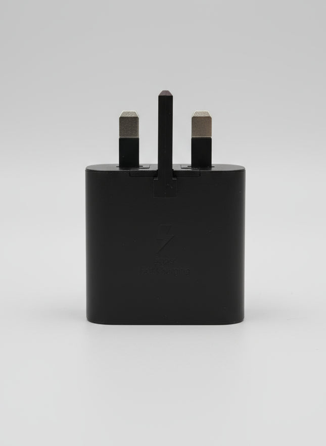 Samsung 25W USB-C fast charger UK plug in black front view