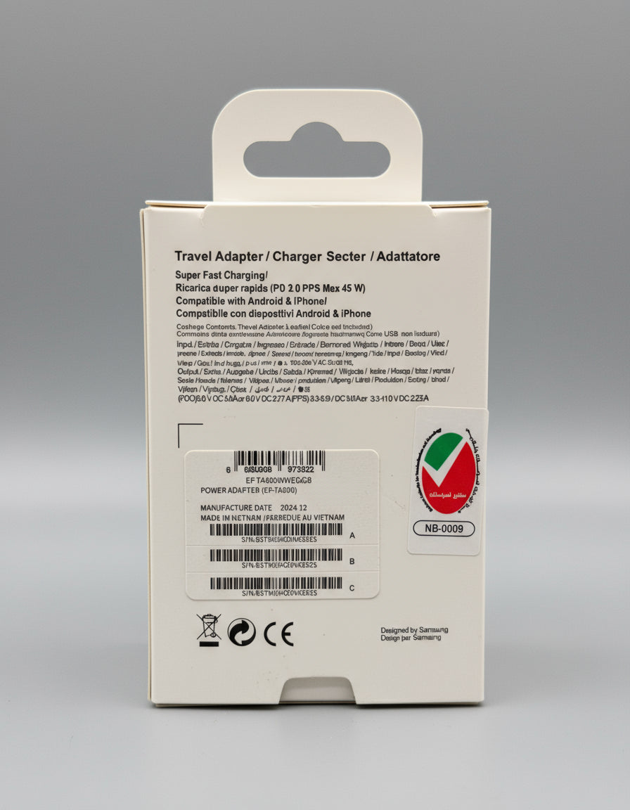 Samsung 45W USB-C Super Fast Charger retail box in black, back view