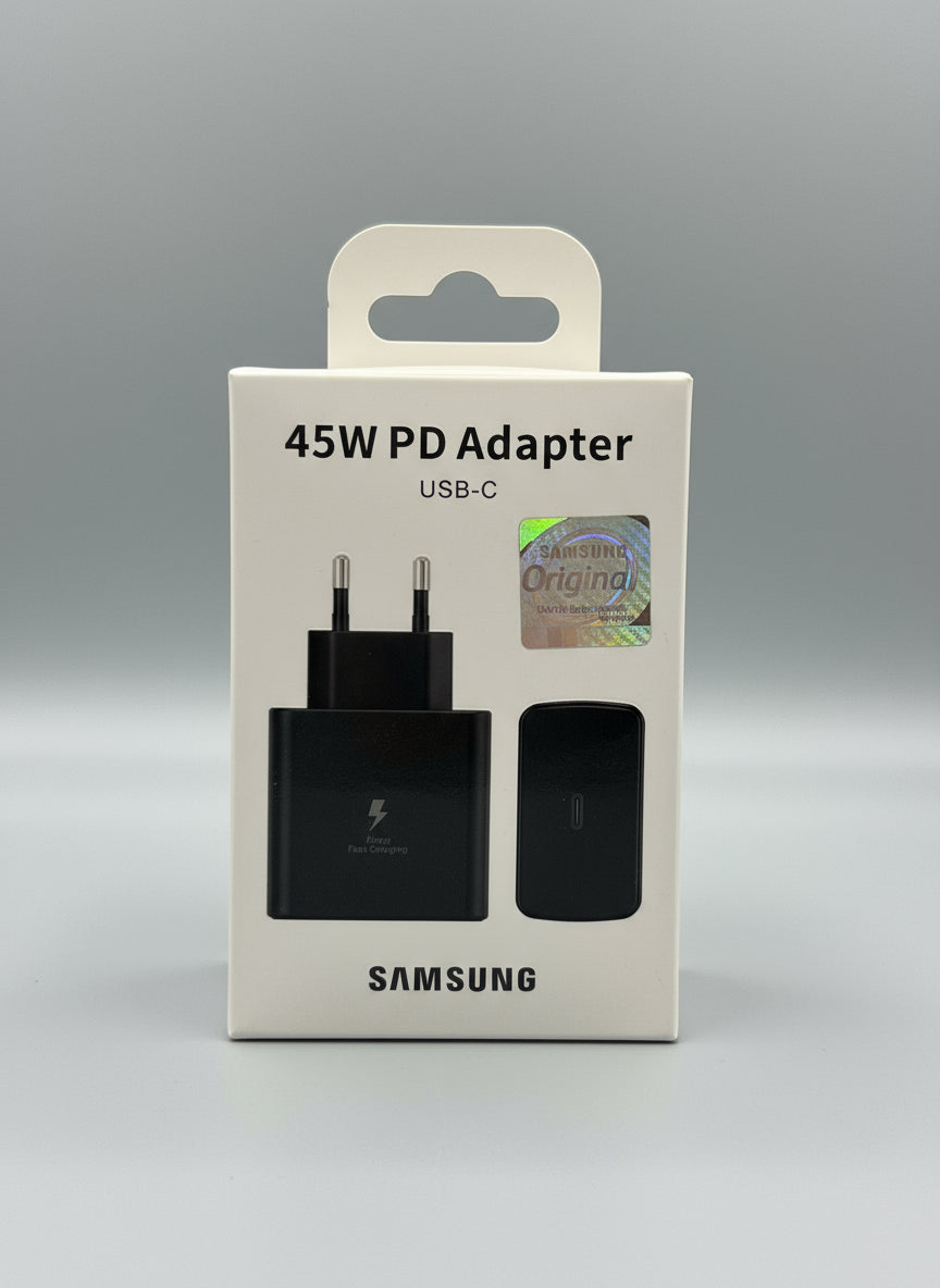 Samsung 45W USB-C Super Fast Charger retail box in black, front view