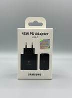 Samsung 45W USB-C Super Fast Charger retail box in black, front view
