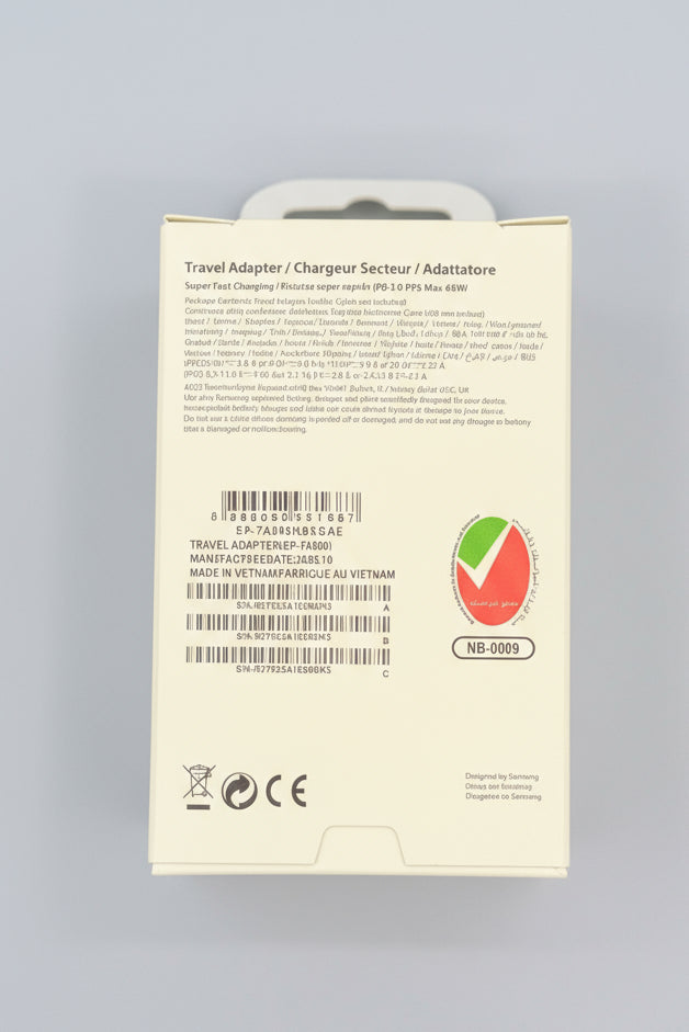 Samsung 45W USB-C Super Fast Charger retail box, back view