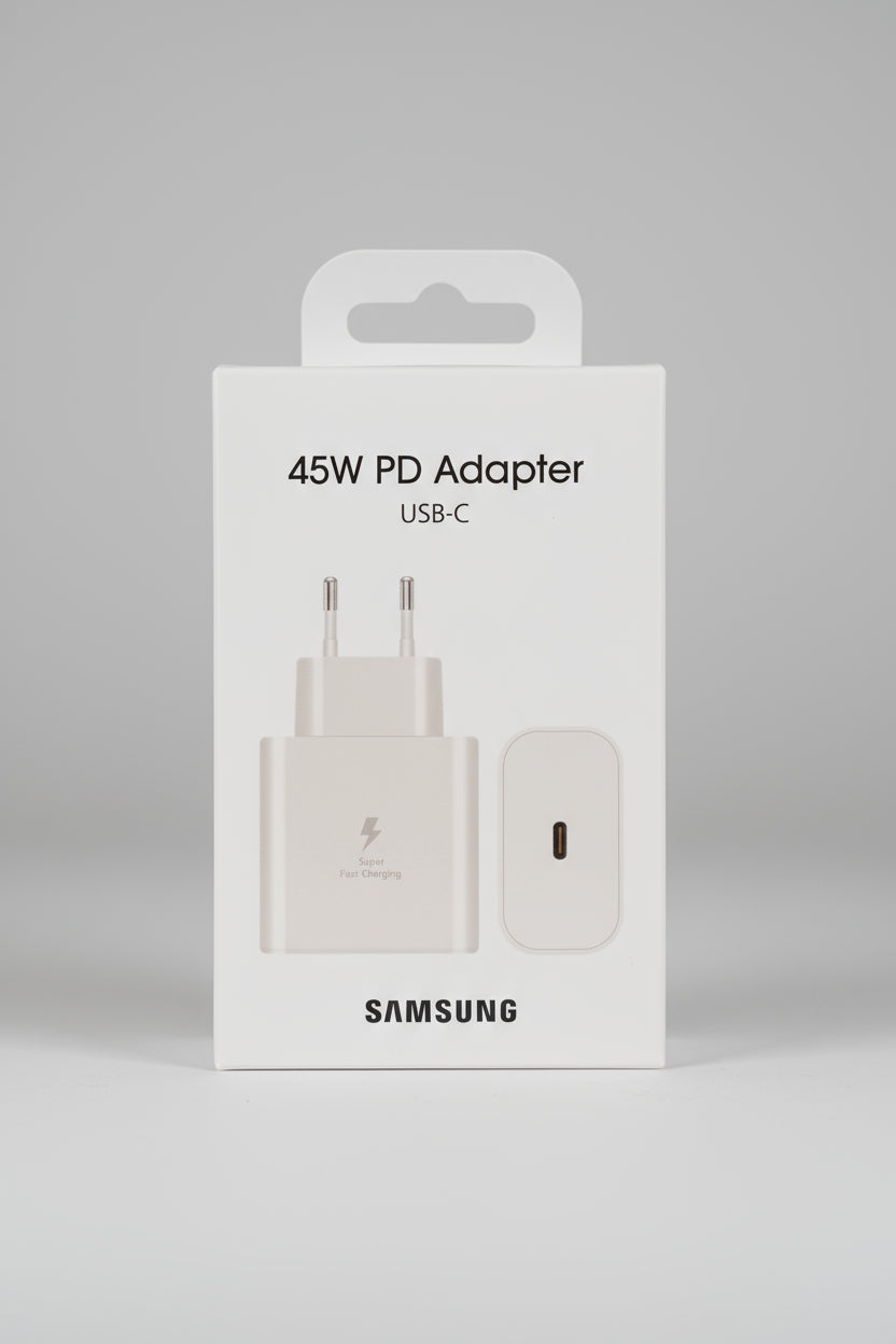 Samsung 45W USB-C Super Fast Charger retail box, front view