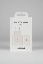 Samsung 45W USB-C Super Fast Charger retail box, front view