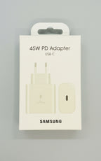 Samsung 45W USB-C Super Fast Charger retail box, front view