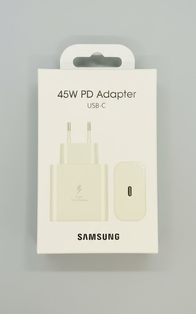Samsung 45W USB-C Super Fast Charger retail box, front view