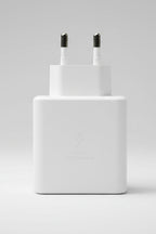 Samsung 45W USB-C Super Fast Charger, white power adapter with USB-C port, front view