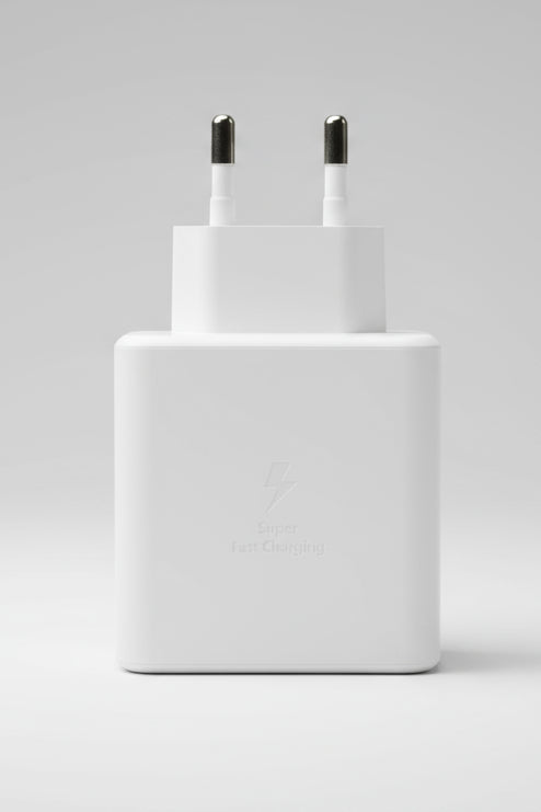 Samsung 45W USB-C Super Fast Charger, white power adapter with USB-C port, front view