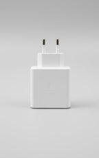 Samsung 45W USB-C Super Fast Charger, white power adapter with USB-C port, front view