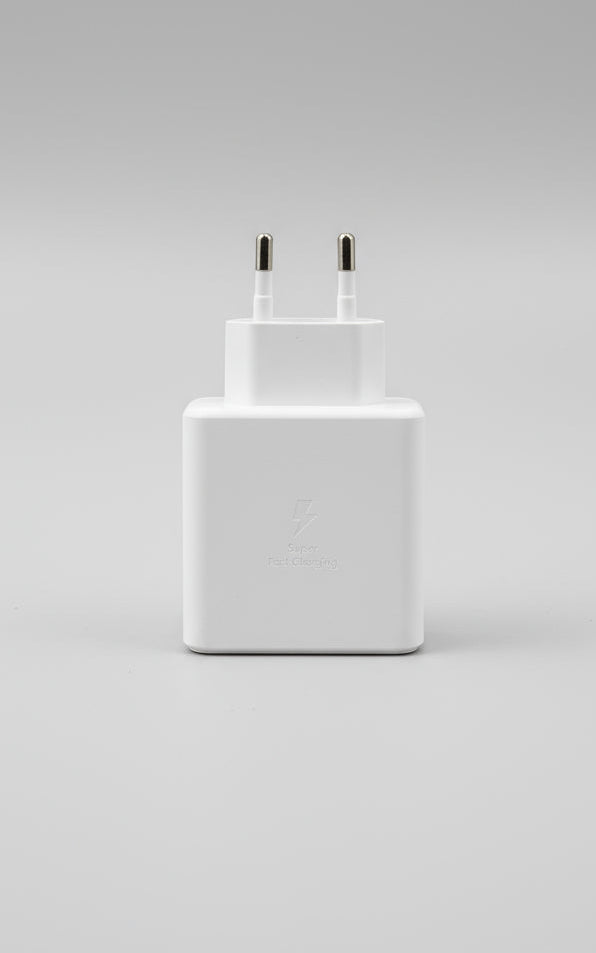 Samsung 45W USB-C Super Fast Charger, white power adapter with USB-C port, front view