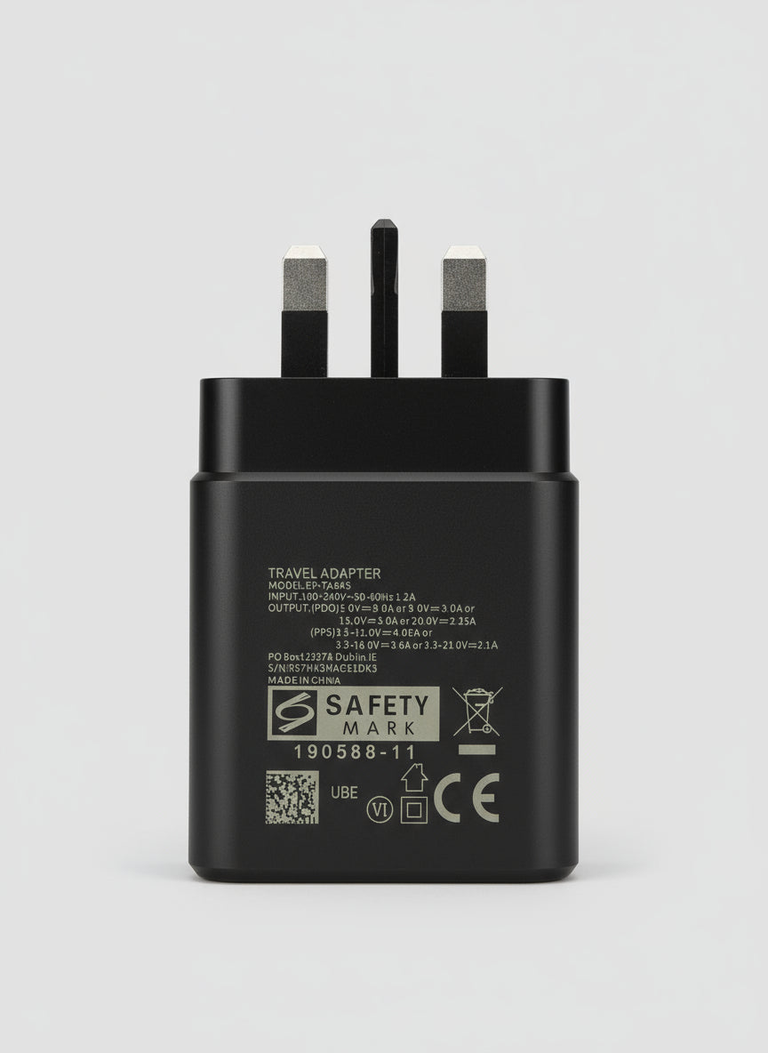 Samsung 45W USB-C Fast Charger UK plug in black, back view