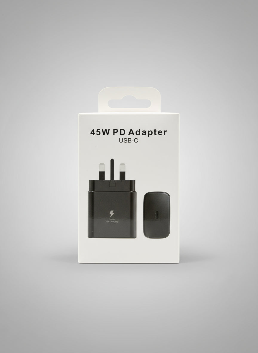 Samsung 45W USB-C Fast Charger UK plug retail box in black, front view