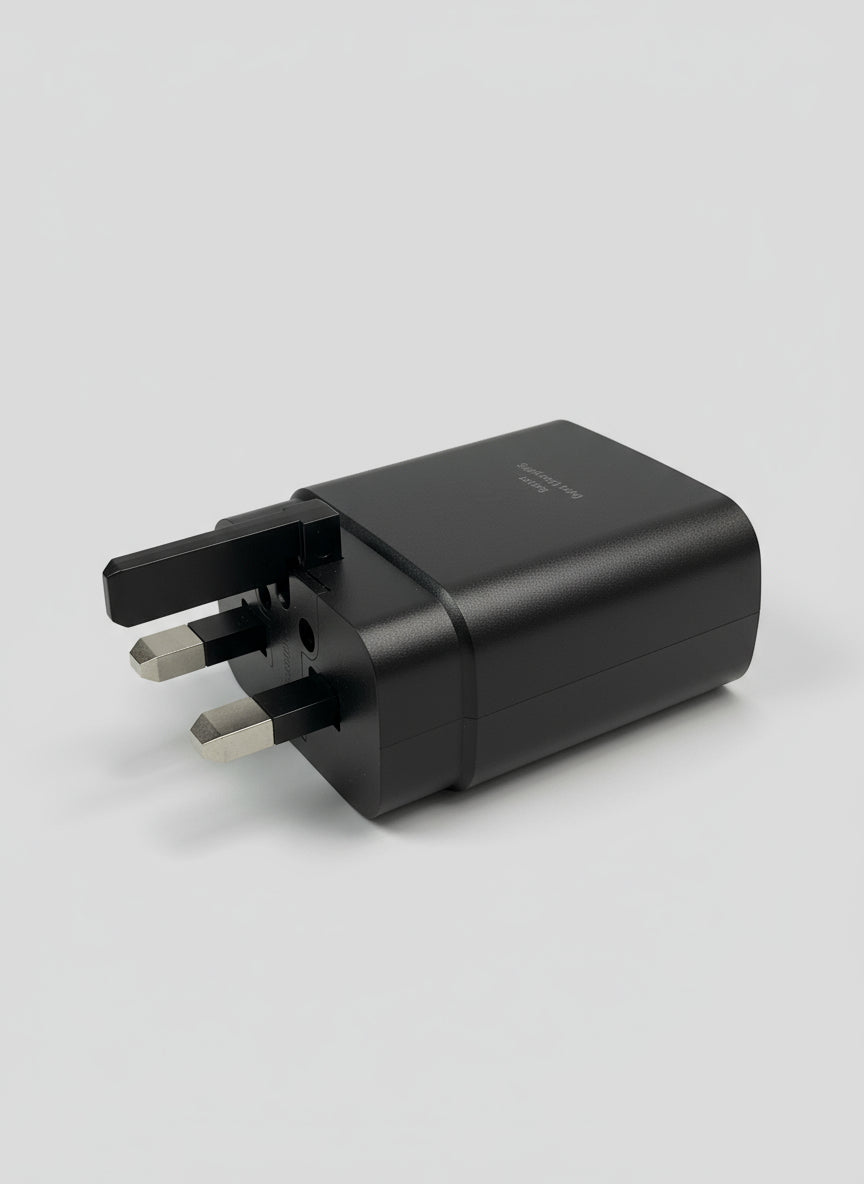 Samsung 45W USB-C Fast Charger UK plug retail box in black, side view