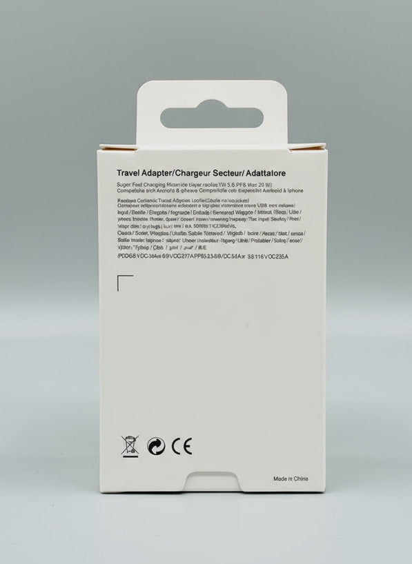 Samsung 25W USB-C Super Fast Charger retail box in white, back view