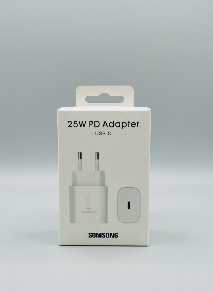 Samsung 25W USB-C Super Fast Charger retail box in white, front view