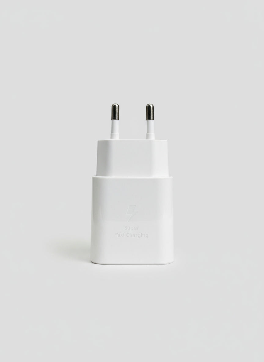 Samsung 25W USB-C Super Fast Charger in white, front view