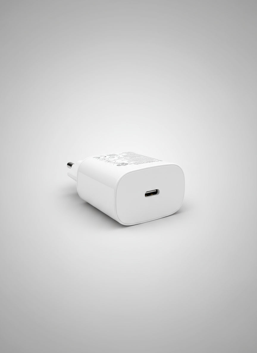 Samsung 25W USB-C Super Fast Charger in white, side view