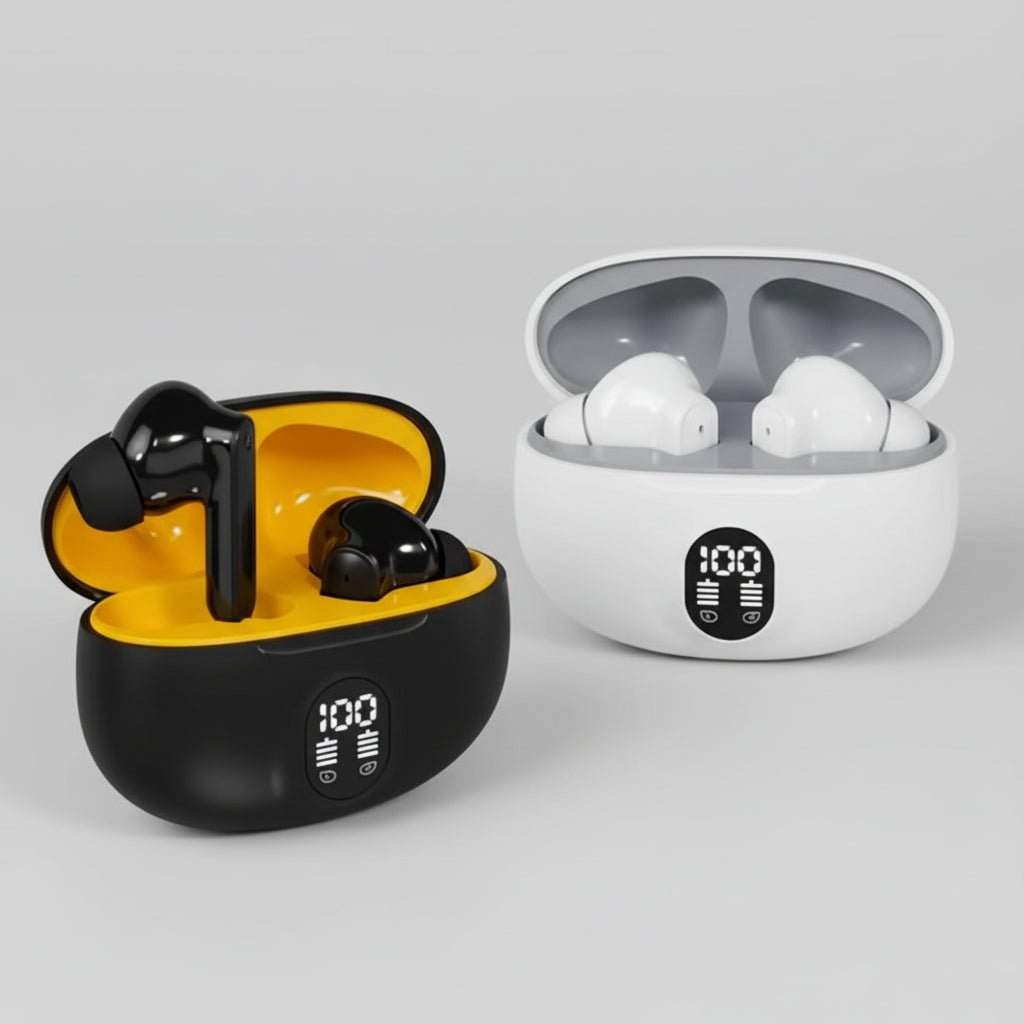 Wireless earbuds in open and closed cases on a colorful background