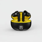 Black and yellow fitness dumbbells with digital display on a white background