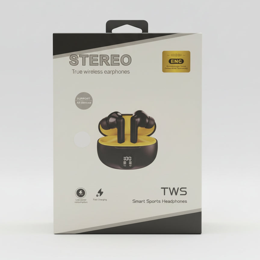 Box of TWS wireless earphones with branding and product details.