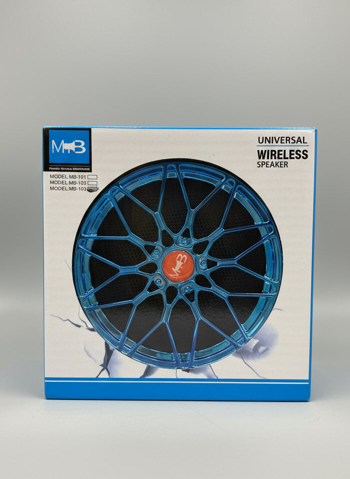 Universal MB-SPK-103 wireless Bluetooth speaker in blue - car wheel style design retail box front