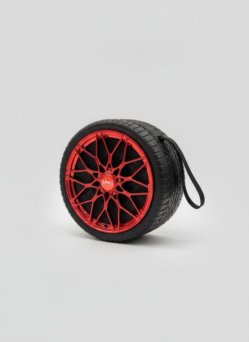Red car wheel-style Bluetooth wireless speaker MB-SPK-103, front view